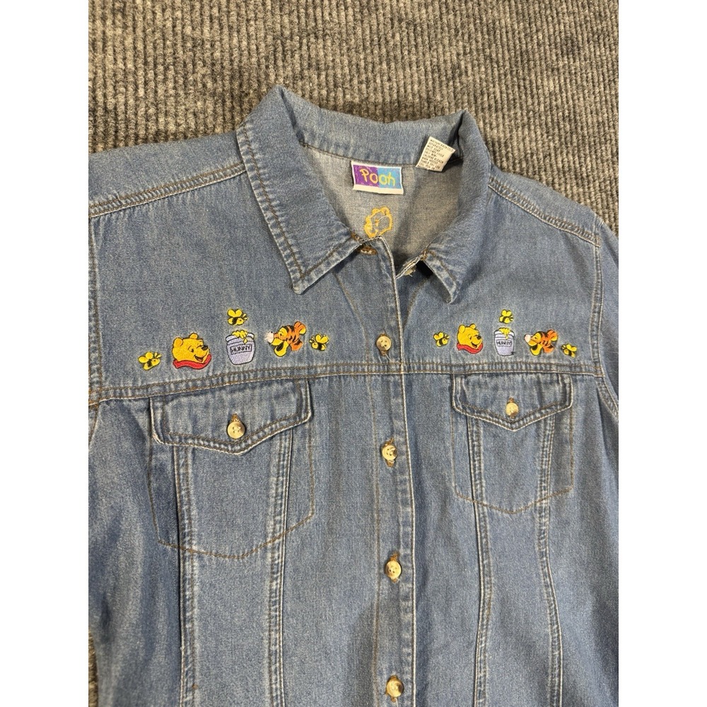 Pooh Women's Blue Denim Button-Up Shirt Winnie the Pooh Embroidered Long Sleeve…